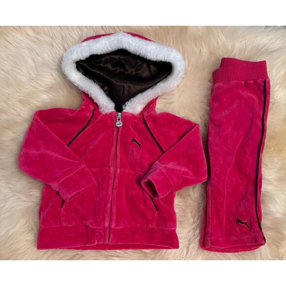 Puma Velour Warm Up Hoodie and Pants Suit Sweatsuit – Hot Pink – 3-6m - Picture 2 of 4